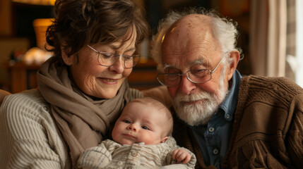 Tender Family Moment: Elderly Grandparents With Their Baby Grandchild. Generative ai.