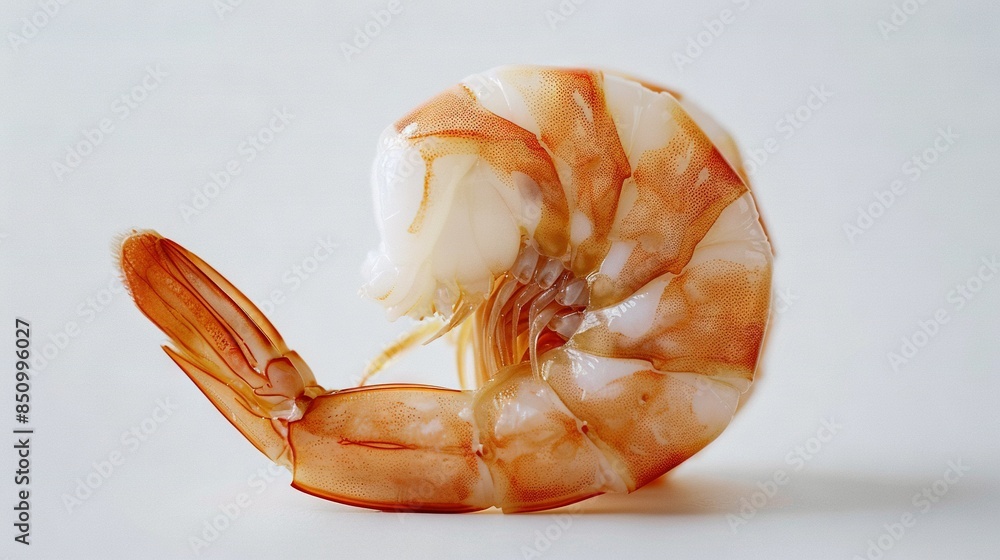 Poster a high-quality image depicts a close-up of a partially peeled shrimp, sitting on a white plate with 