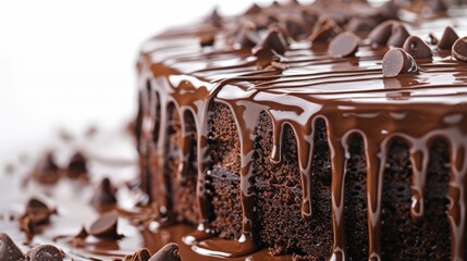 Elegant streams of chocolate dripping from the top of a cake, isolated on a white background, capturing the luxurious and tempting nature of the chocolate flow