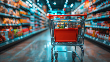 closeup photo of shopping cart trolley filled with household goods and parked between shelves in a supermarket 