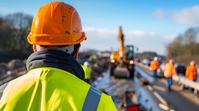 Engineer in high-vis gear, helmet, watching over highway development, machinery operating, progress being made, blue sky backdrop, behind view