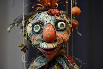 A close-up view of a meticulously crafted, whimsical puppet, showcasing the intricate details and creative artistry of the show's puppetry. An enchanting illustration.