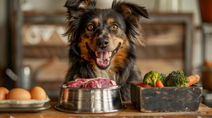Happy dog with a stainless steel dog bowl with raw meat, carrots and broccoli inside, raw eggs. Healthy raw food for dog. Generative ai.
