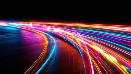 A vibrant display of neon light trails against a dark background, creating a sense of dynamic motion and speed.