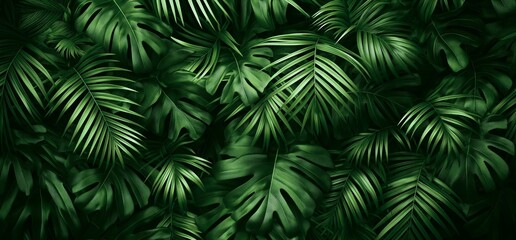 A dense jungle of vibrant green palm fronds and foliage, creating a lush and immersive tropical atmosphere.