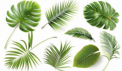 A variety of green palm leaves isolated on a white background, showcasing different shapes and sizes common in tropical climates.