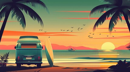 Flat vector illustration of vintage camper van in beautiful beach at sunset outdoors