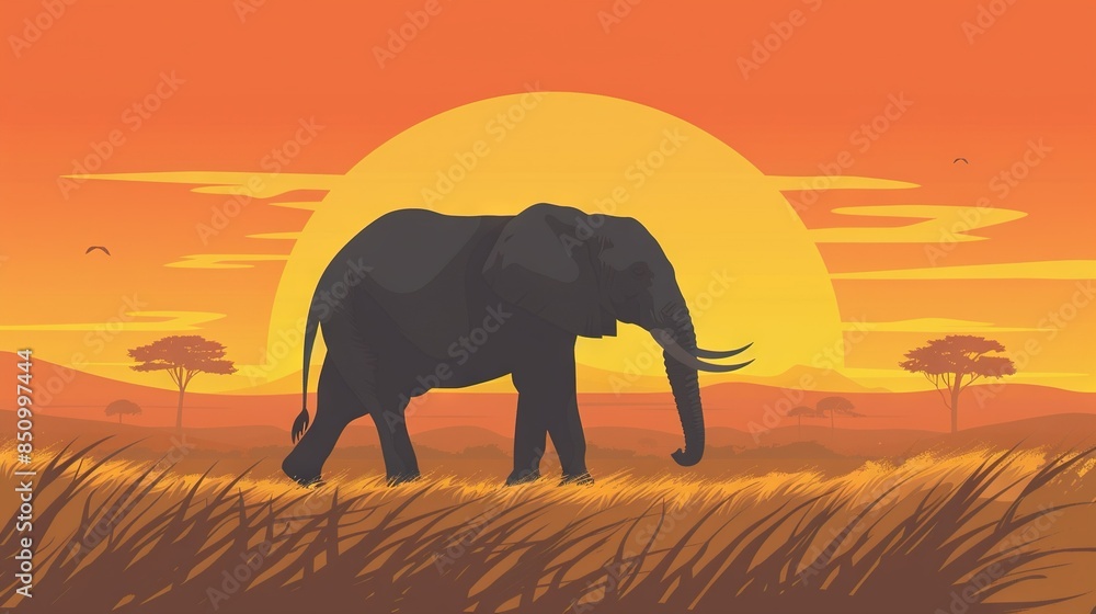 Poster an elephant stands in a field with the sun behind and trees in front