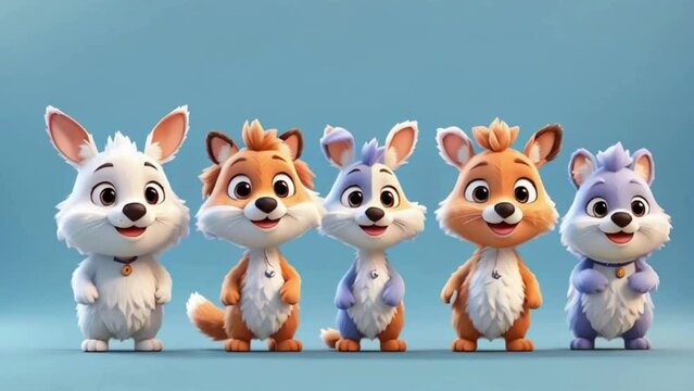 Funny 3D animated cartoon style animals standing in row over blue background, happy kids friends animals