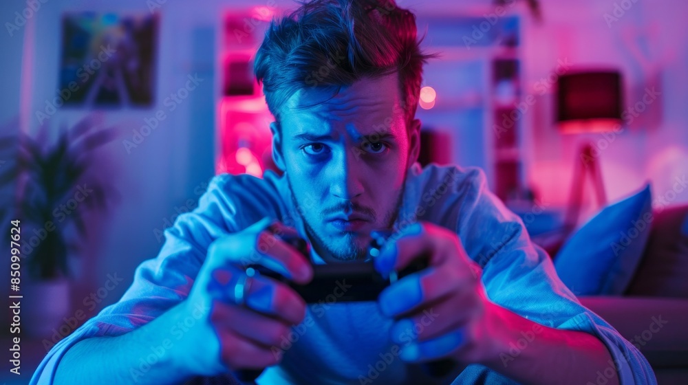 Poster A man is playing a video game with two controllers