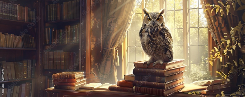 Poster wise owl perched on stack of books in a sunlit library