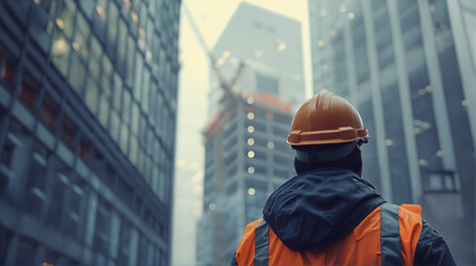 Urban Construction Scene, Engineer Overseeing Skyscraper Development, Modern Cityscape, Architecture Project