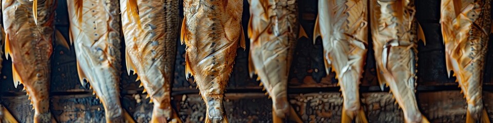 Appetizing smoked mackerel The process of smoking fish for home use. fish hang side by side in the smokehouse. Smoked mackerel. The process of smoking fish in a smokehouse