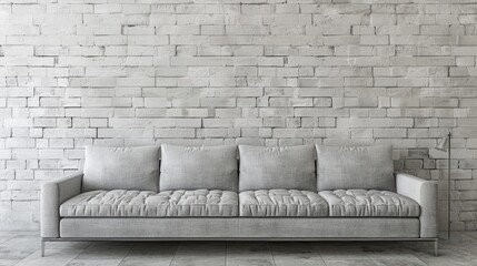 a modern living room with a sofa, dog-friendly floor cushion, and pillows against a white brick wall, featuring a small Yorkshire Terrier lying on the couch.