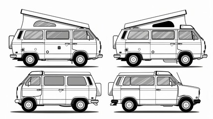 Line drawing of camper van over white background.