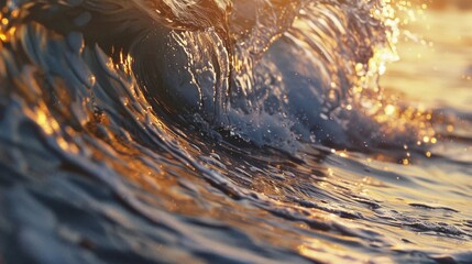 Closeup view of tide of sea water for surfing with warm sunlight