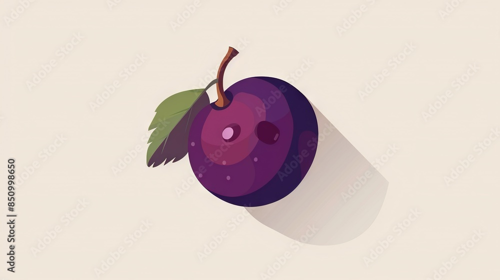 Poster an illustration of a plum with a leaf on its stem and a shadow on the side of it