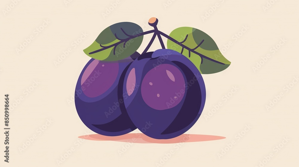 Poster plums resting on table with leafy green branch on beige background