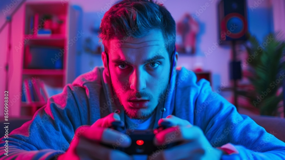 Poster a man is playing a video game and is looking at the screen