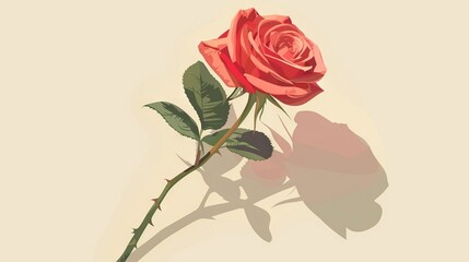 Fototapeta premium Single red rose casts shadow on white background Shadows rose on right side
