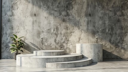 Minimalistic concrete podiums on a concrete floor, industrial chic