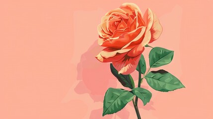 Fototapeta premium A single pink rose on a pink background with a green leaf and a hand shadow on the left