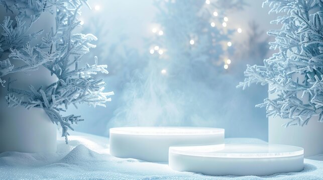 Frosted glass podiums under soft lighting on a snowy background, winterthemed elegance