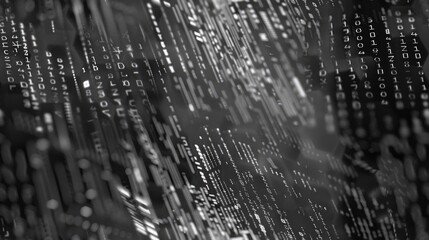 The image is a black and white photo of a bunch of numbers and letters in a futuristic style.