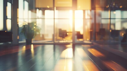 Fototapeta premium Tranquil blur of a spacious office, light filtering through large windows, enveloping the room in warmth