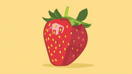   A red strawberry on a yellow background with a green leaf on top and bottom