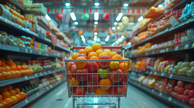 closeup photo of shopping cart trolley filled with fruits and vegetables, parked between shelves in a supermarket 