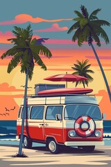 Beautiful vector illustration of tropical beach with vintage camper van for poster greeting card design