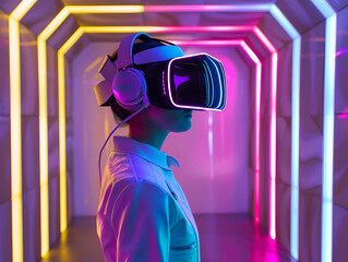 Woman experiencing virtual reality in neon-lit corridor