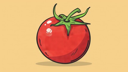  Tomato illustration on yellow backdrop with green stem protruding from its center