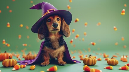 A dachshund dog dressed in a witch costume with a purple hat and cape is surrounded by candy corn and pumpkins