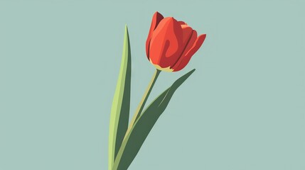   A solitary red tulip rests atop a verdant foliage, set against a serene light blue backdrop