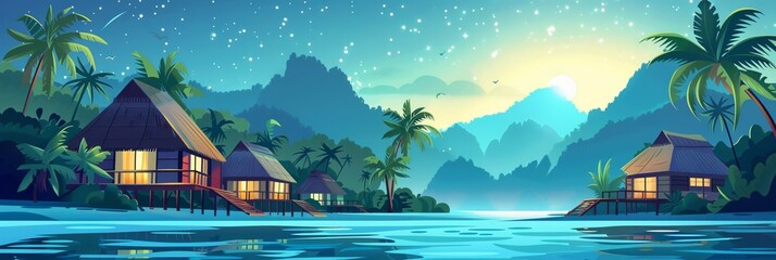 Obraz premium Vector illustration of beautiful scenic landscape of tropical sea beach.