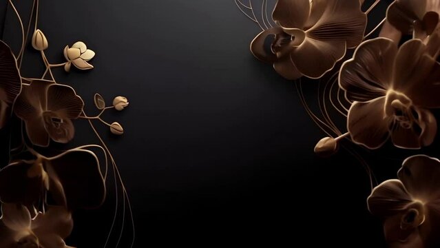 Golden flowers on a black background with copy space. Delicate petals, intricate details and graceful movements create a mesmerizing visual experience