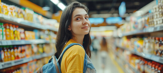 An attractive woman with long hair shopping in the grocery section of a store
