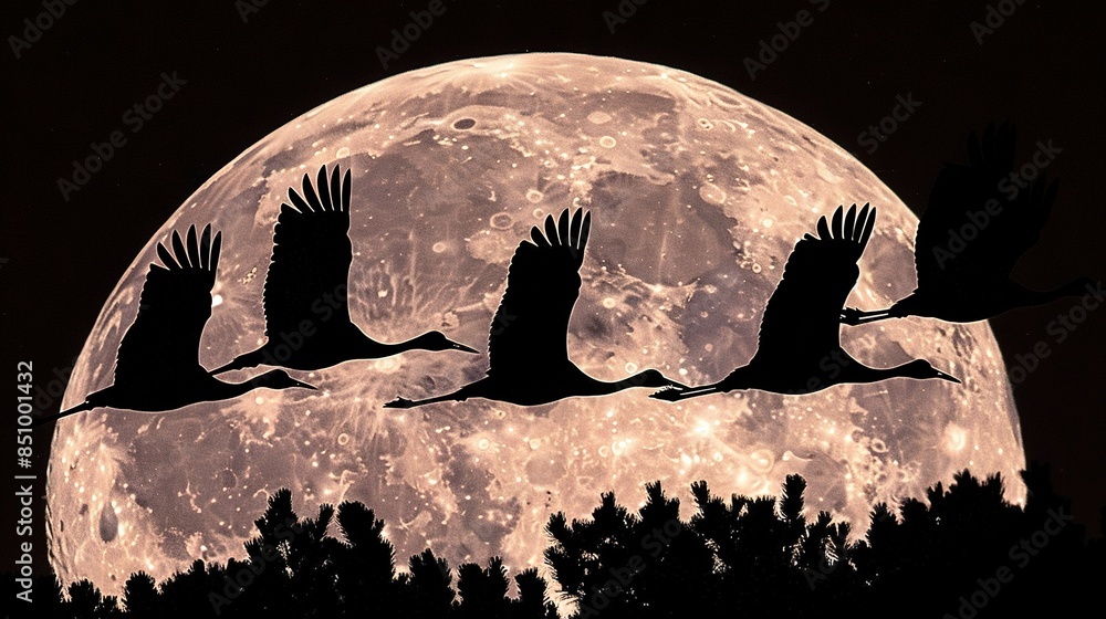 Poster a flock of avian creatures soaring in front of a luminous celestial sphere, with verdant foliage in 