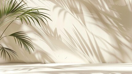 a modern mockup in an empty space on a white table with tropical leaves and shadows on a beige background.