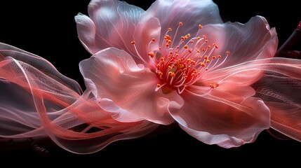   A zoomed-in image of a pink blossom adorned with a satin ribbon, set against a dark backdrop