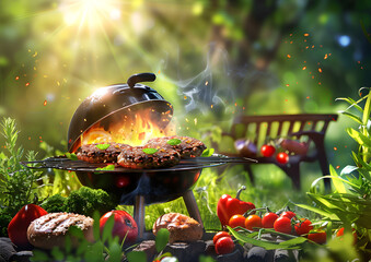 Summer picnic background with barbecue