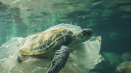 Fototapeta premium Sea turtle with a plastic bag wrapped around its body, underwater, with the bag's folds and the turtle's shell details visible