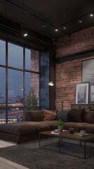 a brown sofa, dark gray brick wall, modern pendant lights, a carpet, wooden coffee table, armchair, black metal shelf with decor items, and a white-framed window.