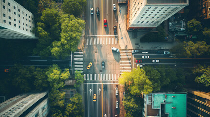 Aerial view of cars driving on road, crossing at intersection in city