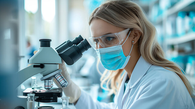smiling female scientist doctor with microscope in the laboratory