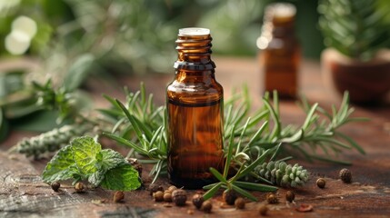 Essential Oil Bottles Surrounded by Herbs on Wooden Table