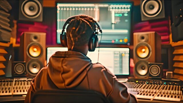 A budding rapper is in a soundproof studio recording a new song.