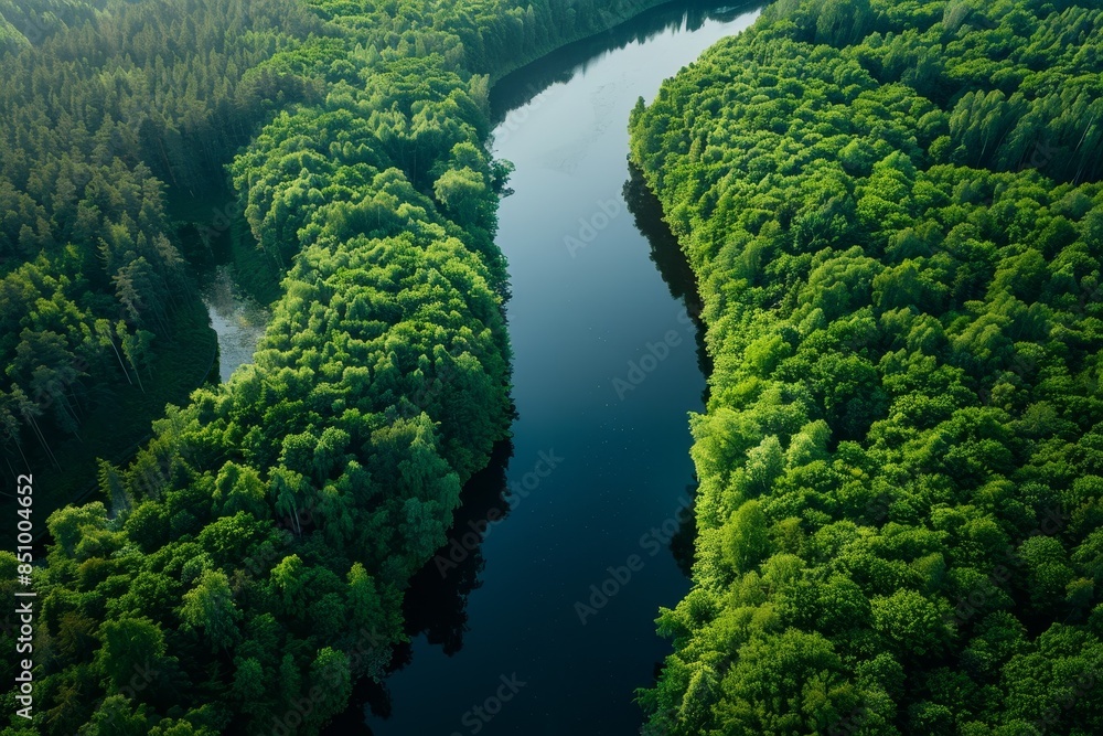 Wall mural river in the forest aerial view Generative AI - Wall murals
